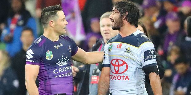 Cooper Cronk of the Storm and Johnathan Thurston of the Cowboys talk after the NRL Qualifying Final match between the Melbourne Storm and the North Queensland Cowboys. Photo / Getty