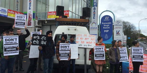 Indian students facing deportation protest outside the offices of National list MP Kanwaljit Singh Bakshi in Papatoetoe this month. Picture supplied by Joe Carolan of Unite Union.