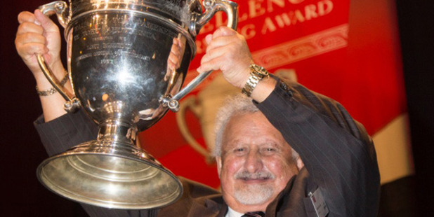James Russell hoists the 2016 Ahuwhenua Trophy on behalf of the winning Rakaia Incorporation whose farm Tahu a Tao has a long and proud history dating back to 1886. The present 216ha property near Ashburton runs around 830 Kiwi cross cows.