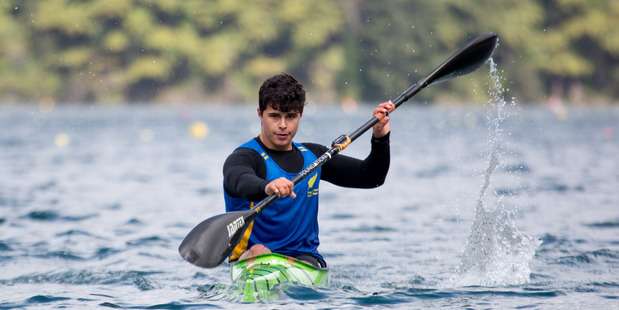 Tauranga kayaker Taris Harker on his way to third in the K1 1000m at the Blue Lakes regatta at Tikitapu, near Rotorua. Photo by Jamie Troughton/Dscribe Media