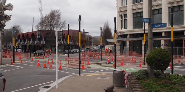 18 traffic light poles have been erected at the intersection of High and Tuam Sts in Christchurch. Photo / Facebook