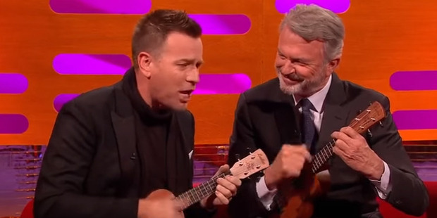 Ewan McGregor and Sam Neill play the ukulele on Graham Norton. Photo / Youtube