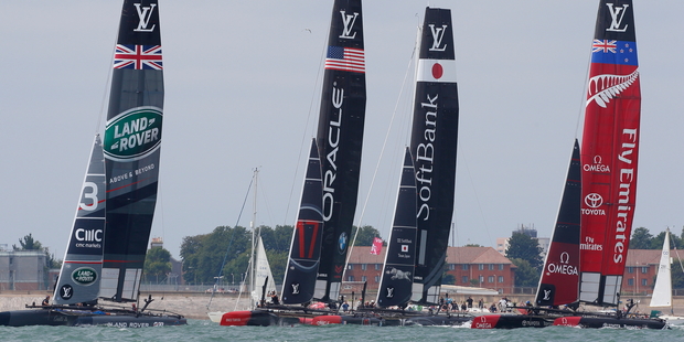 America's Cup World Series boats line up at Portsmouth, England. Photo / Getty Images