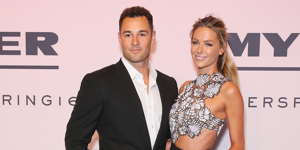 Jake Wall and Jennifer Hawkins pose on the red carpet during the Myer Spring 16 Launch at Hordern Pavilion on August 23, 2016 in Sydney, Australia. Photo / Getty