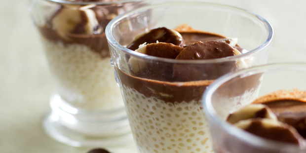 Sago with banana and chocolate.