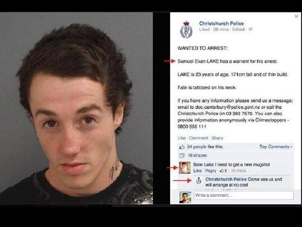 Some Facebook posters likened Sharp to New Zealander Sam Lake who posted a comment on the Christchurch Police Facebook site saying 'I need to get a new mugshot'. Photo / Facebook