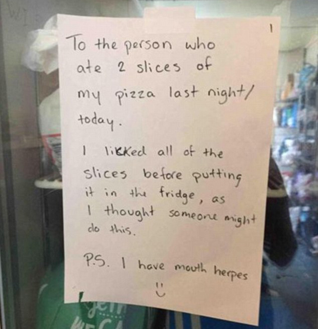 Hilarious revenge notes are being shared online, including this one from someone who got their own back on a pizza thief at work. Photo / Twitter