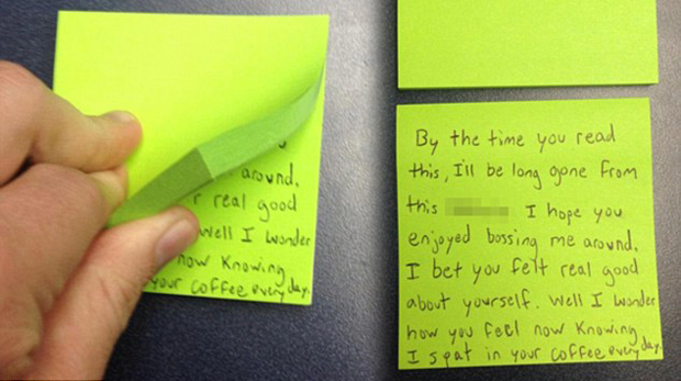 An office intern found an ingenious way to get their own back by leaving their message written at the end of a block of sticky notes, so it wouldn't be found until they were long gone. Photo / HR Grapevine