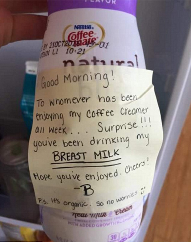 A worker prone to helping themselves to supplies from the fridge was in for a surprise after pilfering a colleague's coffee creamer. Photo / Reddit, Phantom0591