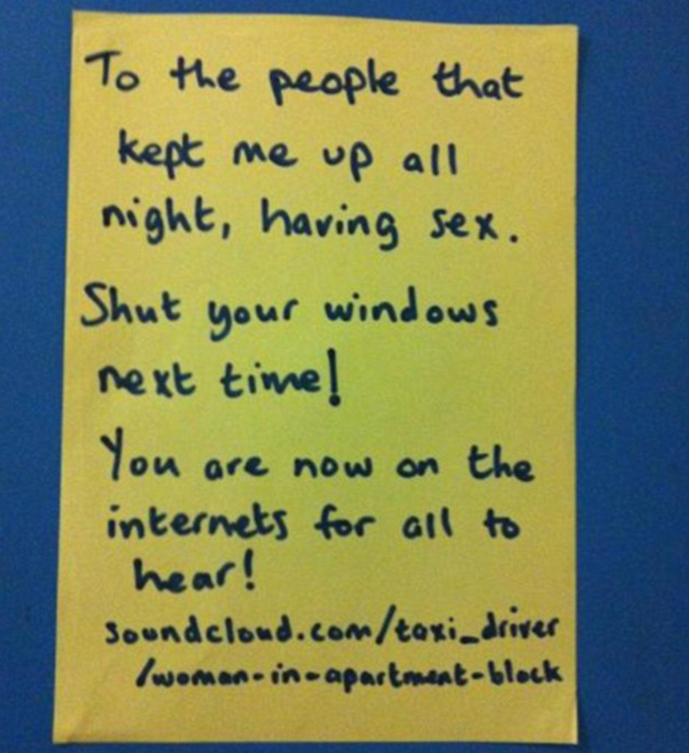 An amorous couple who were making far too much noise in the bedroom incurred their neighbour's wrath. Photo / Pinterest