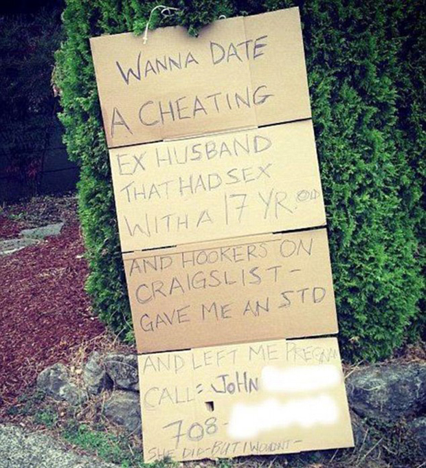 Another vented her rage on a handwritten sign featuring her husband's phone number and details of his indiscretions. Photo / Twitter