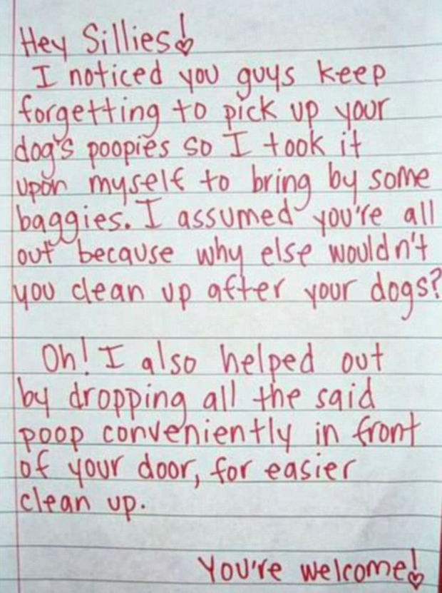 After neighbours failed to clean up  after their dog, they received this hilariously passive aggressive note. Photo / Twitter