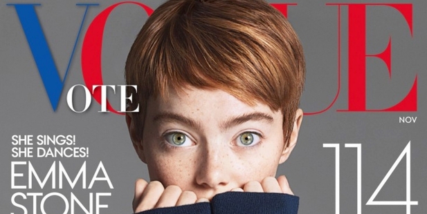 While actress Emma Stone is on the November cover - not Clinton - the word "vote" has been incorporated into a patriotic red, white and blue version of the Vogue logo. Photo / Courtesy of Vogue
