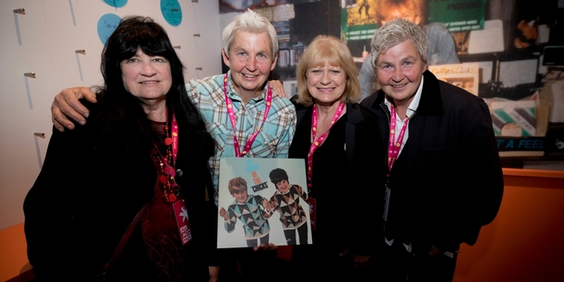 Jools and Lynda Topp with The Chicks Judy Hindman and Suzanne Lynch at the exhibition. Photo / Dean Purcell