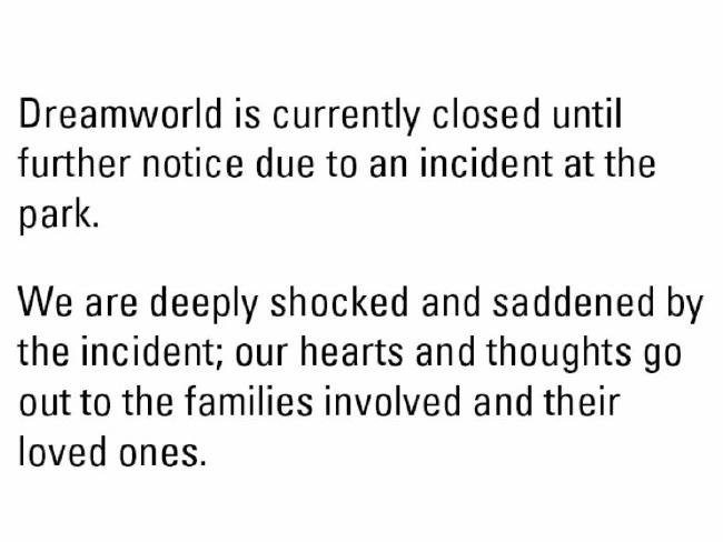 The Dreamworld website's colourful homepage has been replaced with this message. Photo / Supplied