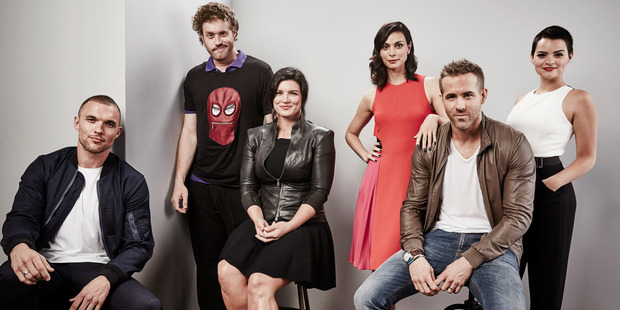 (L-R) Actors Ed Skrein, T.J. Miller, Gina Carano, Morena Baccarin, Ryan Reynolds, and Brianna Hildebrand of Deadpool pose for a portrait. Photo / Getty