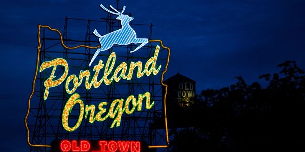 The White Stag sign at the west end of The Burnside Bridge, Portland. Photo / Jamie Francis