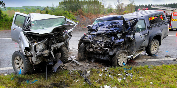 Two wrecked vehicles after a crash which seriously injured the respective drivers on the Napier-Wairoa road yesterday. Photo / Warren Buckland