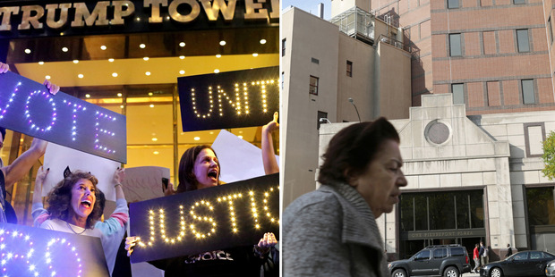 A protest scene outside Donald Trump's campaign headquarters in Manhattan contrasts with the bland, anonymous scene outside Hillary Clinton's Brooklyn offices.