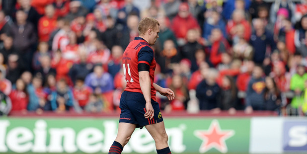Keith Earls of Munster leaves the field after being red-carded. Photo / Getty