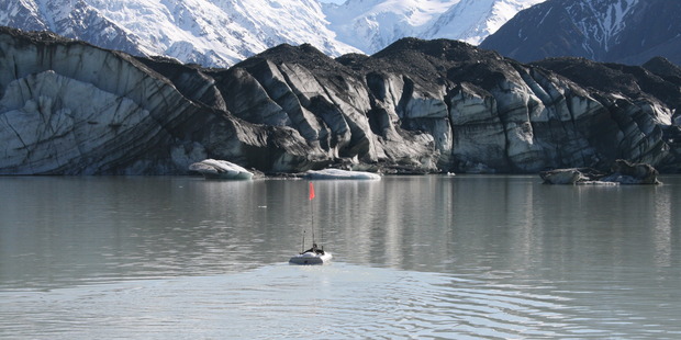 The miniature jetboat used an echo-sounder and GPS system to map out the underwater ramp of Tasman Glacier in Lake Tasman. Photo: Justin Harrison