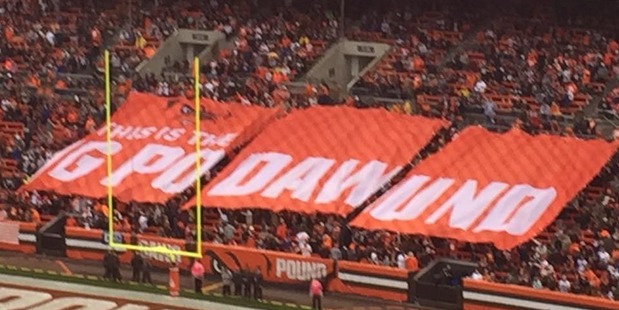 Cleveland Browns fans with their misspelled 'DAWG POUND' sign. Photo / Twitter