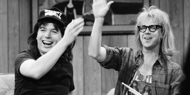 Mike Myers as Wayne Campbell, Dana Carvey as Garth Algar during the 'Wayne's World' skit on March 23, 1991. Photo / Getty