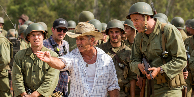 Director Mel Gibson with actor Vince Vaughn on the set of the film, Hacksaw Ridge. Photo / AP