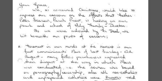 This letter from a parishioner complained that Father Searson had delivered a sermon on pornography. Photo / Supplied