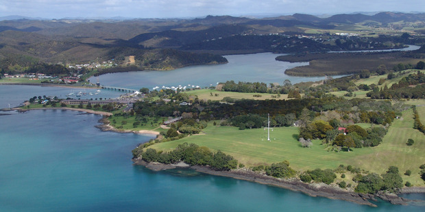 The view out toward the Bay from the wharewaka at the Treaty Grounds.