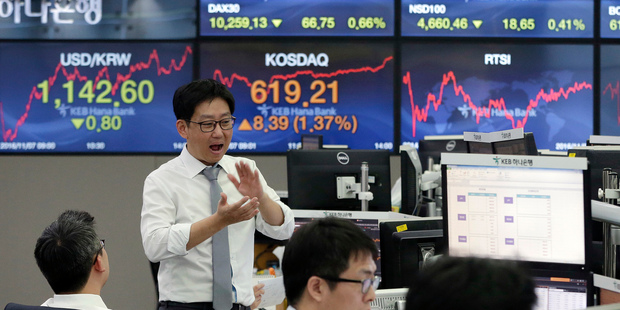 Currency traders work at the foreign exchange dealing room of the KEB Hana Bank headquarters in Seoul, South Korea. Photo / AP