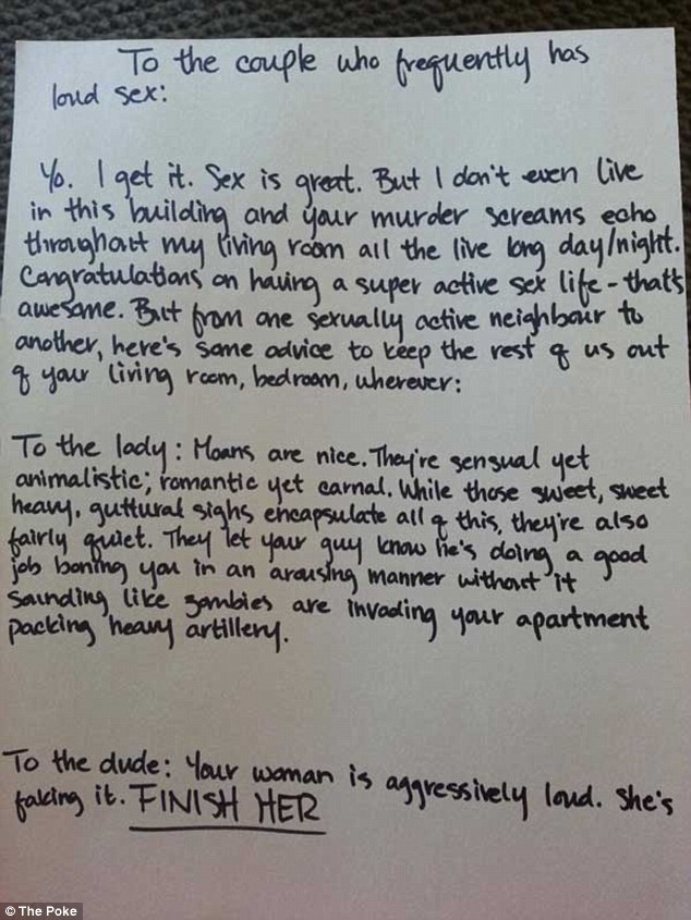 "She's faking it": Noisy sex seems to feature highly on the list of irate neighbours' bugbears.