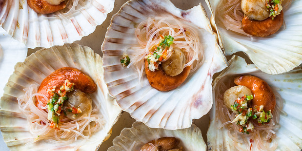 Scallops with vermicelli. Photo / Deborah Aspray