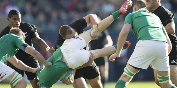 All Blacks prop Joe Moody tackle that led to a yellow card against Ireland. Photo / Brett Phibbs
