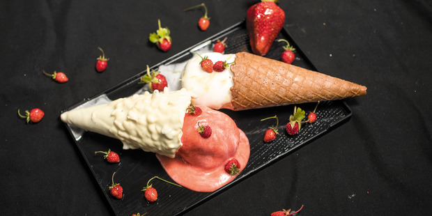 Giapo's Fresh organic Te Horo Strawberry IceCream in a White Chocolate cone and Kerikeri Lemon Sorbet in an original cone. Photo / Greg Bowker