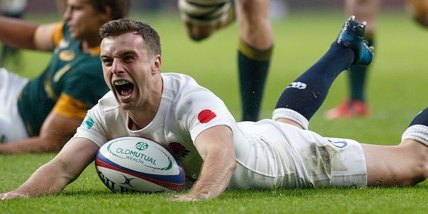 George Ford jubilant while scoring a try for England during the Old Mutual Wealth Series match between England and South Africa at Twickenham Stadium. Photo / Getty