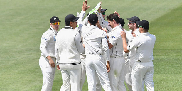 Colin de Grandhomme of New Zealand is congratulated by team mates after dismissing Sami Aslam of Pakistan. Photo / Getty