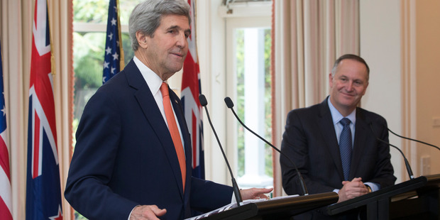 US Secretary of State John Kerry and Prime Minister John Key during a joint-press conference after their bi-lateral talks at Premiere House in Wellington. Photo / Mark Mitchell