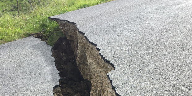 A large crack in the road in Waiau caused by the earthquake that struck North Canterbury on Monday.
