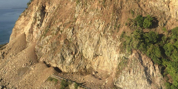 An aerial view of slip impact on State Highway 1 near Kaikoura. Photo / Supplied