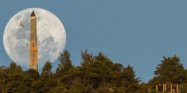 Whangarei photographer Ross Armstrong couldn't believe his luck when a hawk flew into shot as he lined up this rare supermoon and the war memorial on Mt Parihaka. Photo / Supplied