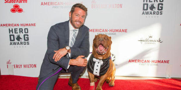 Zach Skow poses with his French Mastiff Hooch on the red carpet at the 2016 American Humane Association's Hero Dog of the Year. Photo / AP