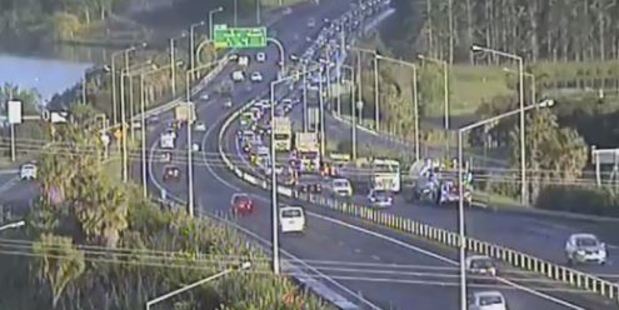 The truck crash is causing major delays on the Northern Motorway. Photo / Supplied
