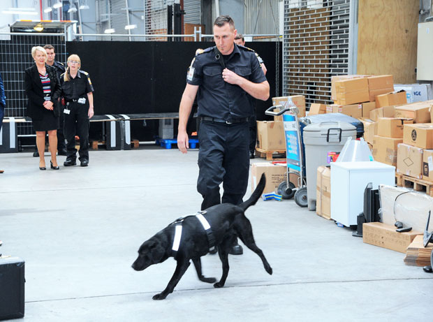 Que inspects packages with Senior Customs Officers Paul Ferguson.