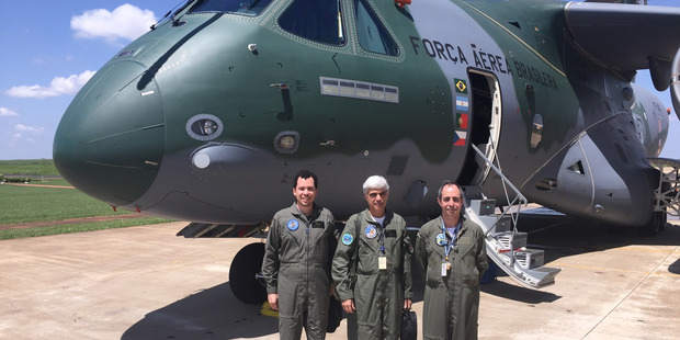Left to right: Embraer KC-390 military transport plane crew; flighter test engineer Leandro Bigarella, co-pilot, William Souza, pilot Airton Manoel Rodriguez. Photo / Grant Bradley