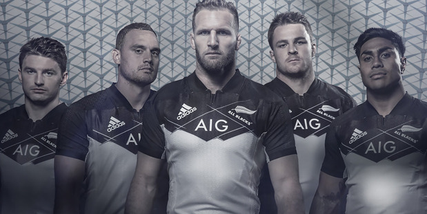 All Blacks, from left, Beauden Barrett, Israel Dagg, Kieran Read, Sam Cane and Malakai Fekitoa in the team's new away jersey. Photo/Supplied.