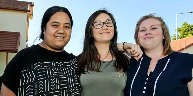 Settled: Sky Tuulima (left), Zemira Hayvice and Kelsey Charles have temporarily relocated from Kiwibank in Wellington to the Hastings office because of the earthquake last week. Photo/Warren Buckland.