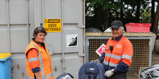 Bring them in: Recycling centre staff Querida Wilkins and Bubs Tikitiki are waiting to take old and unneeded children's car seats which can be dropped off for recycling for free in Hastings.