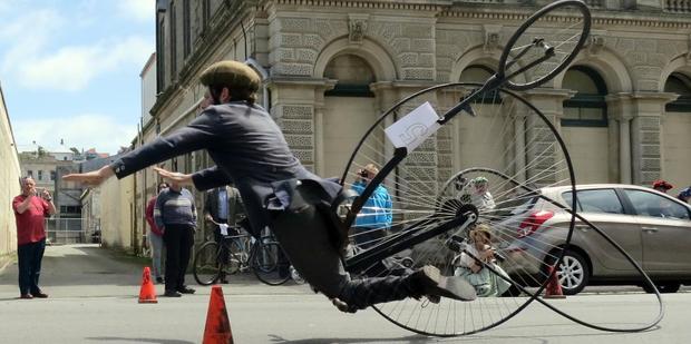 Oliver Briggs takes a spectacular tumble during a race at the Victorian Heritage Celebrations in Oamaru on Saturday. Photo / Jamie Wasilchenko
