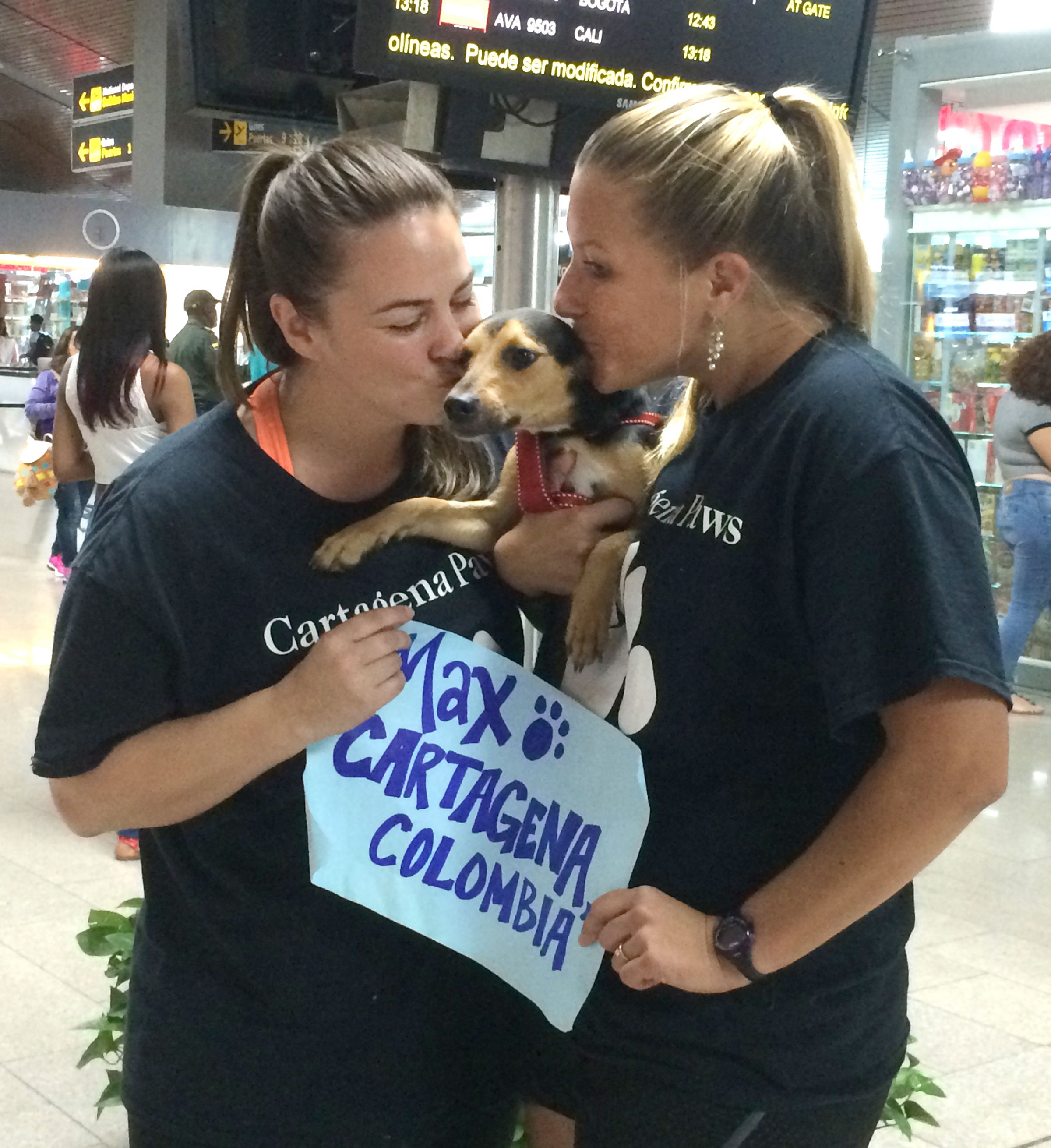 Shawna-Lee White and Maureen Cattieu (right), of Cartagena Paws, wish Max bon voyage at the Cartagena airports. Photo / Brian Branch Price